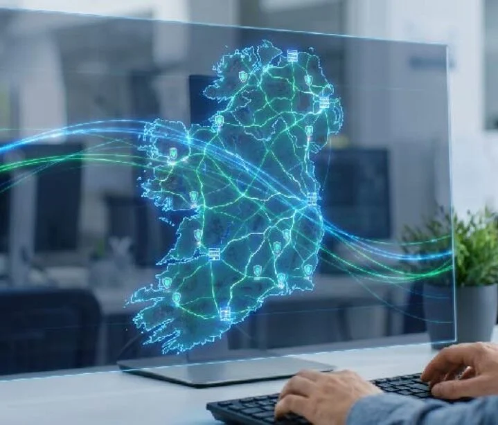 Holographic projection of Ireland with blue and green connectivity lines on a computer screen.