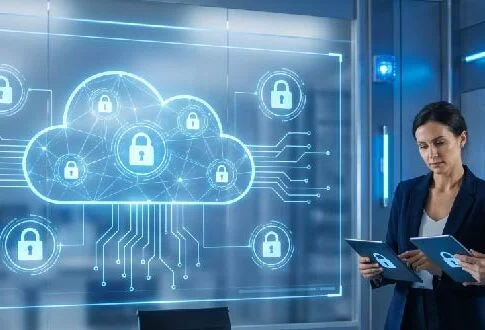 Two professionals review a holographic cloud security diagram with padlocks in a server room.