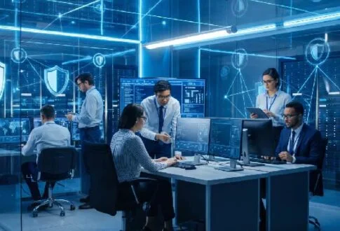 Cybersecurity analysts collaborate in a glass-walled operations center, monitoring data on multiple monitors with blue neon lighting.