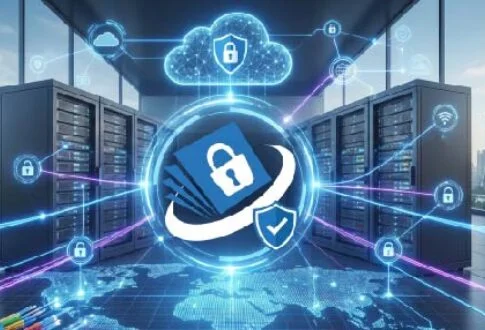 Illustration of cloud security with glowing locks and shields around a data center and world map.