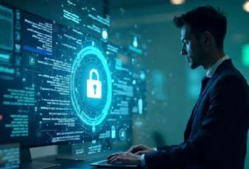 Businessman at a computer with a glowing holographic padlock and floating digital screens, illustrating cybersecurity.