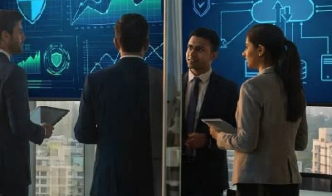 Four professionals in a glass-walled office discuss data dashboards with graphs and cloud/security icons on large blue screens.
