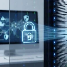 Data center/server rack with a glowing padlock icon, symbolizing cybersecurity and secure data storage.