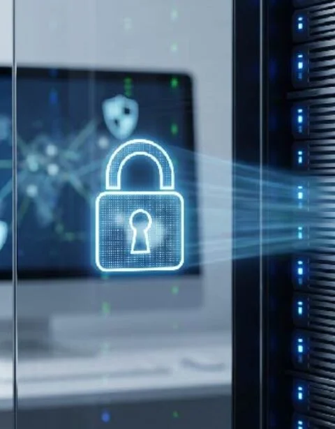 Data center/server rack with a glowing padlock icon, symbolizing cybersecurity and secure data storage.