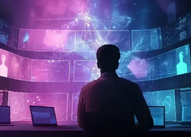 Person seated in a dark control room, surrounded by curved, glowing holographic screens in purple/blue showing data panels.
