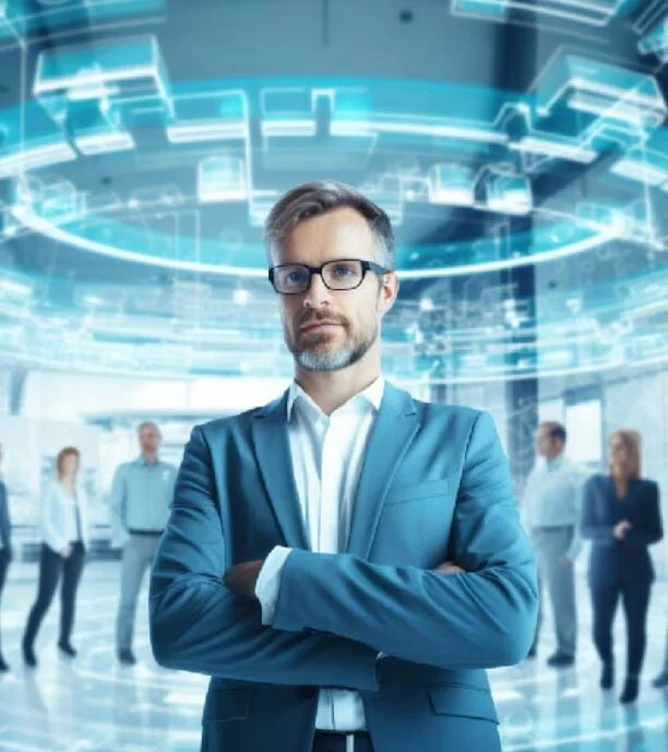 Professional man in a blue suit with arms crossed, wearing glasses, in a high-tech office with glowing holographic rings and blurred colleagues in the background.