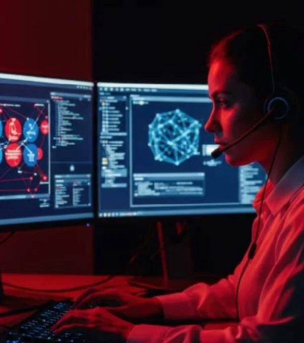 Female cybersecurity analyst wearing a headset, working at dual monitors displaying network diagrams and code.