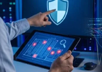 Person uses a tablet showing a server blueprint with red status lights, pointing at a shield icon on a monitor to symbolize cybersecurity.