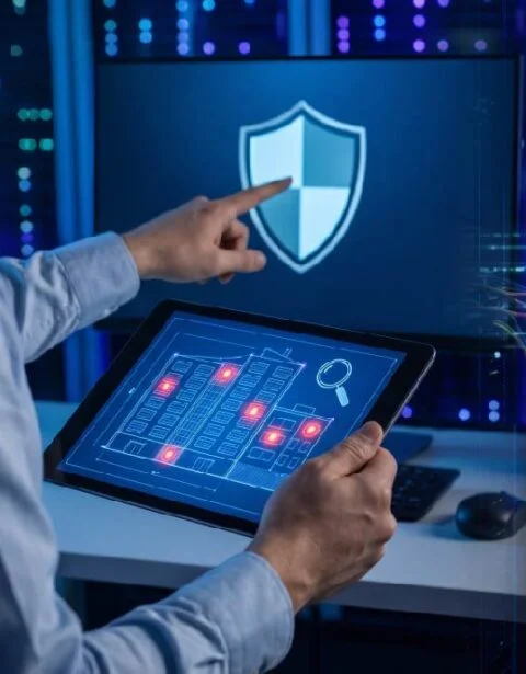Person uses a tablet showing a server blueprint with red status lights, pointing at a shield icon on a monitor to symbolize cybersecurity.