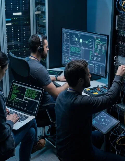 Three IT workers in a data center monitor servers and network equipment, with one on a laptop and others at console stations.