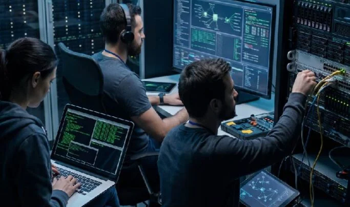Three IT workers in a data center monitor servers and network equipment, with one on a laptop and others at console stations.