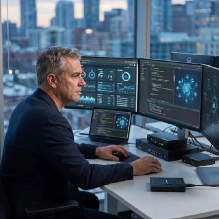 Man sits at a white desk with several monitors displaying dashboards and code, city skyline visible through the window behind him.