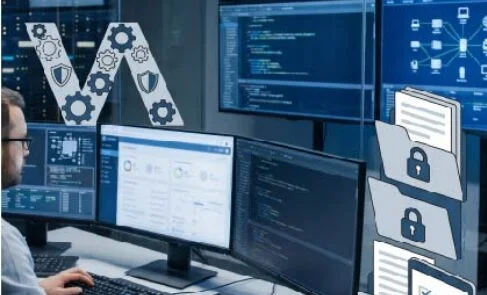 Tech worker at a multi-screen workstation analyzing dashboards and code in a security-focused operations room.