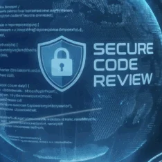 Digital globe with a 'Secure Code Review' shield logo in a blue cybersecurity operations center, analysts monitoring screens in the background.