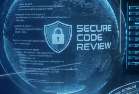 Digital globe with a 'Secure Code Review' shield logo in a blue cybersecurity operations center, analysts monitoring screens in the background.