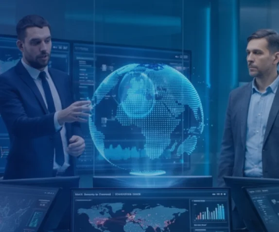 Six professionals in a blue-lit data-center conference room, gathered around a table with holographic globe and multiple monitors displaying dashboards.