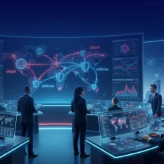 Cybersecurity operations center with professionals monitoring a large holographic map of global cyber threats labeled 'attack' and 'defense'.