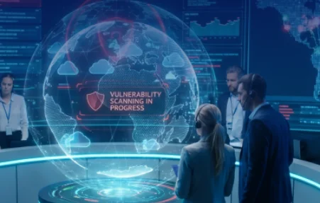 Security operations room where analysts monitor a glowing holographic globe labeled 'Vulnerability scanning in progress' at a circular console.