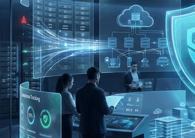 Security analysts in a high-tech control room with holographic shield and data dashboards around them, monitoring cybersecurity.