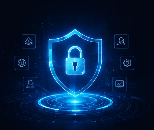 Neon blue shield with a padlock, symbolizing cybersecurity, surrounded by floating security icons.