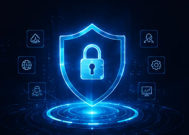 Neon blue shield with a padlock, symbolizing cybersecurity, surrounded by floating security icons.