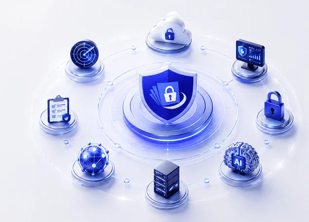 Central shield with a lock, symbolizing cybersecurity, surrounded by connected security icons around it.