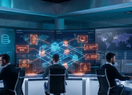 Three analysts monitor a wall of holographic dashboards showing global networks and security alerts labeled 'CRITICAL RISK'.