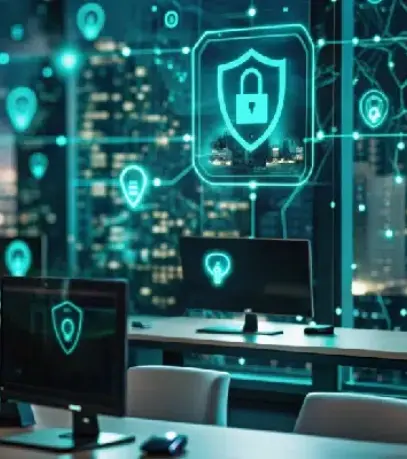 Cybersecurity office with multiple monitors displaying shield icons and holographic network graphics in a dark, futuristic setting
