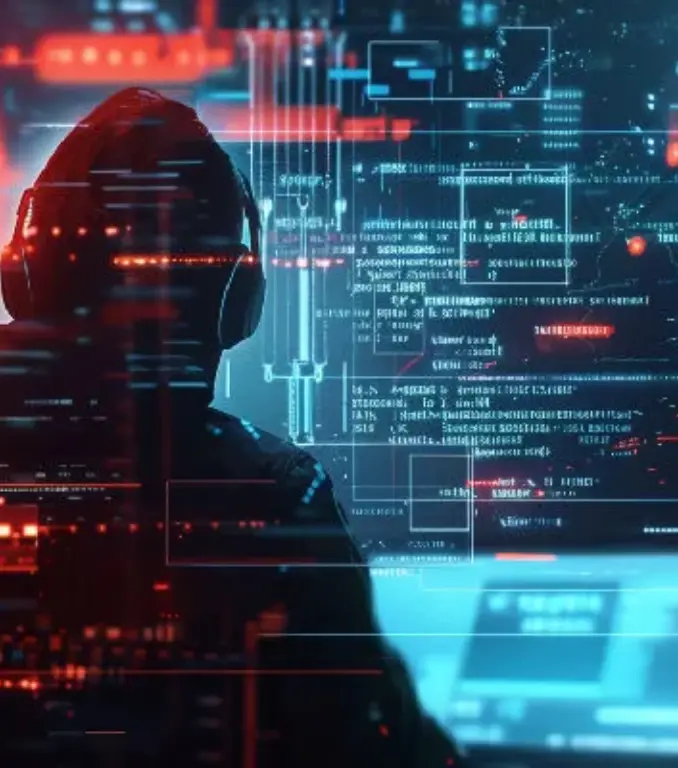 Hooded silhouette facing multiple glowing computer screens filled with code, illustrating cybersecurity hacking.