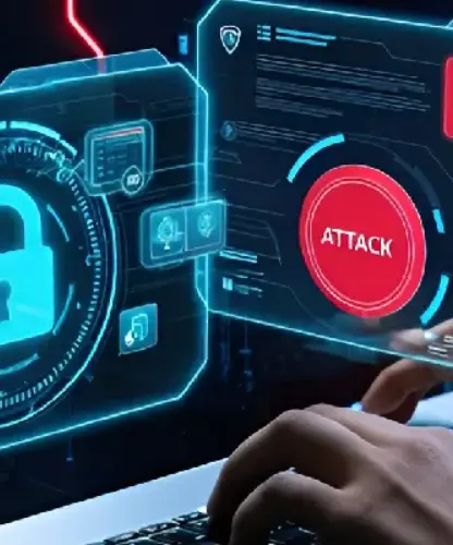 Holographic security dashboard with a large lock icon and a red ATTACK circle, showing a DDOS alert on a keyboard setup.