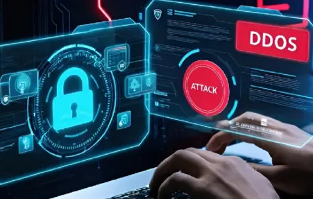 Holographic security dashboard with a large lock icon and a red ATTACK circle, showing a DDOS alert on a keyboard setup.