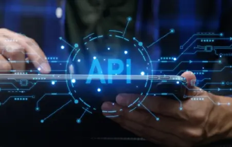 Hands holding a smartphone with a glowing API graphic and circuit lines around it, symbolizing software integration.