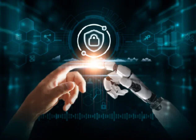 Human and robotic fingers touch at a bright point over a digital security emblem, representing biometric cybersecurity.