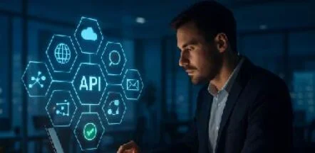 Professional man in a suit working on a laptop with glowing holographic API and cloud icons in a high-tech, blue-toned environment.