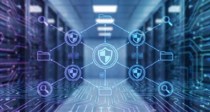 Futuristic data center with glowing security shields and interconnected network nodes, illustrating cybersecurity.